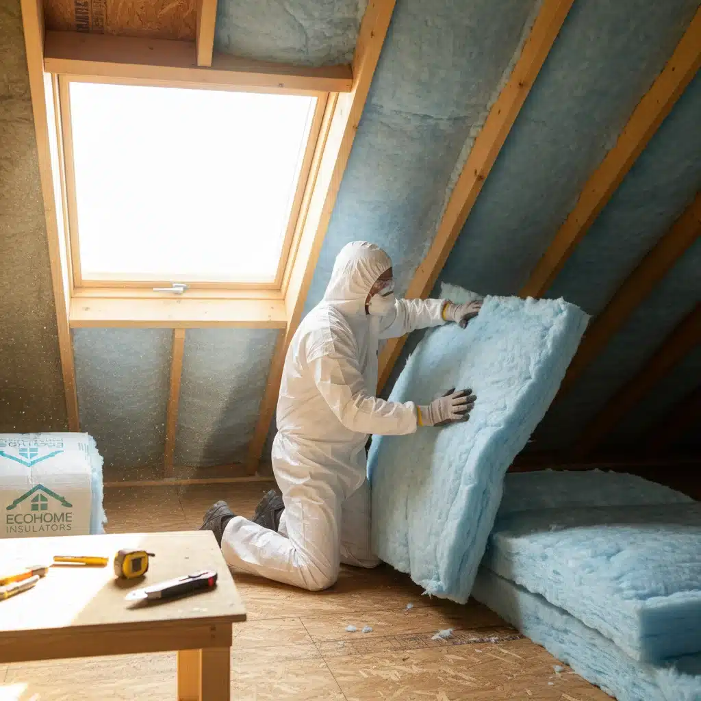 Installation d'isolation thermique dans un grenier, illustrant des travaux de rénovation éligibles