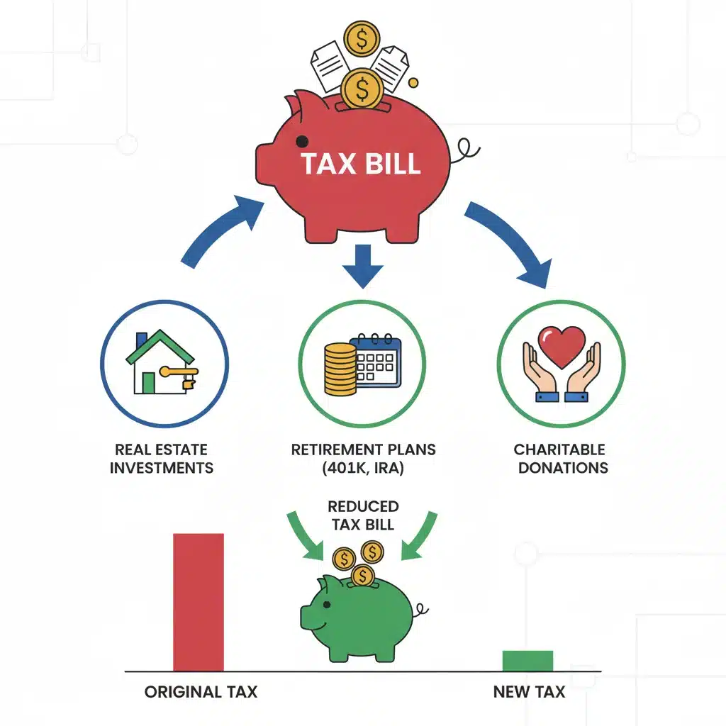 Illustration des leviers d'optimisation fiscale : immobilier, retraite et dons