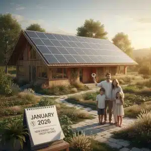 Crédits d'Impôt 2026 : 15% de Réduction Fiscale sur Dépenses Énergétiques Maison moderne avec panneaux solaires, symbolisant les économies d'énergie et les crédits d'impôt 2026