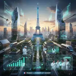 Marché Emploi France 2026 : Secteurs d'Avenir et Opportunités Graphiques de croissance économique et silhouettes de professionnels dans un environnement urbain français moderne, symbolisant le marché de l'emploi futur.