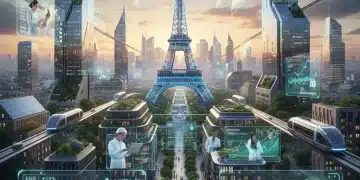 Graphiques de croissance économique et silhouettes de professionnels dans un environnement urbain français moderne, symbolisant le marché de l'emploi futur.
