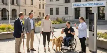 Groupe diversifié de personnes handicapées souriantes dans un espace public accessible, symbolisant l'inclusion et le soutien.