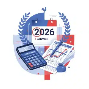 Illustration de la réforme fiscale 2026 en France avec calendrier, calculatrice et documents fiscaux.