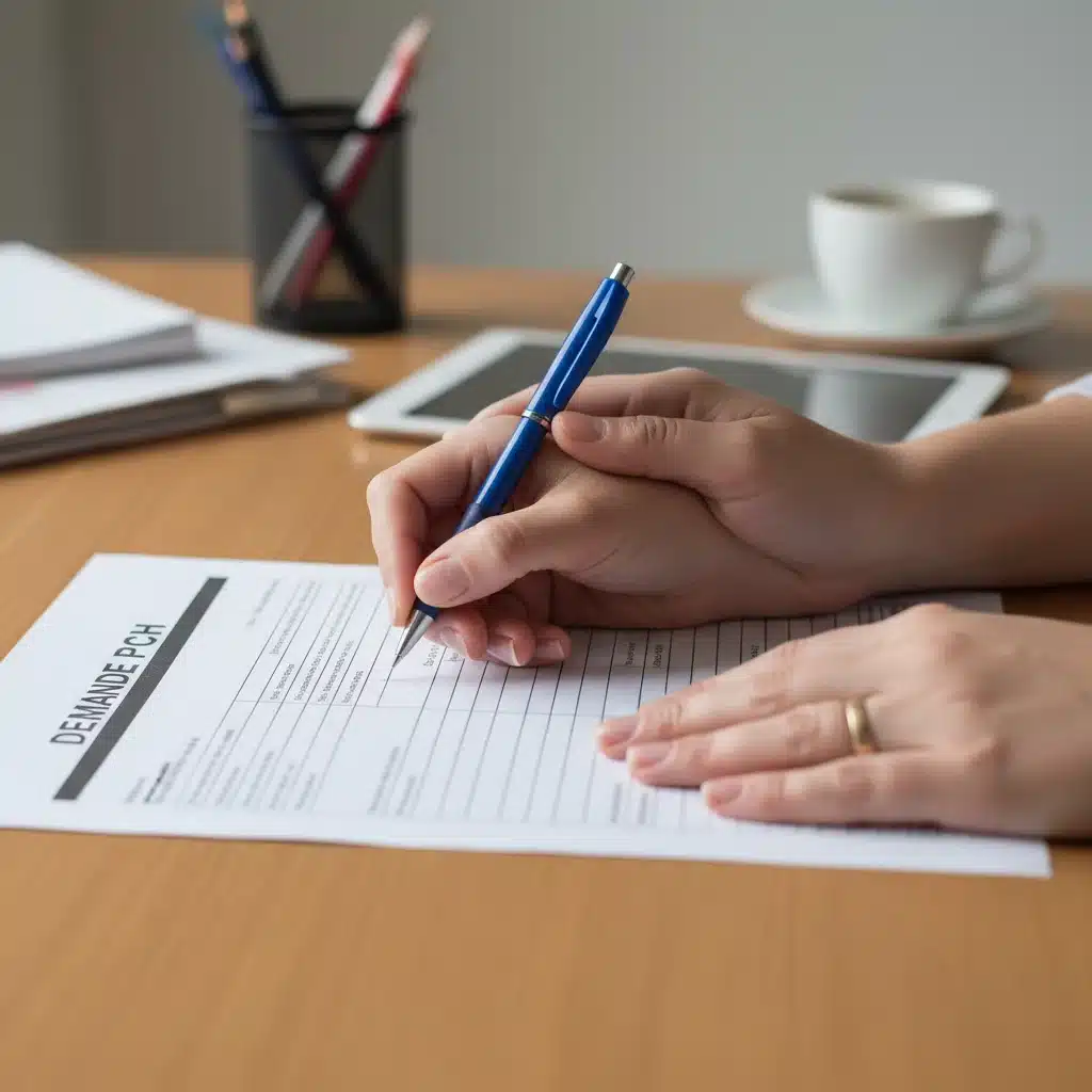 Mains remplissant un formulaire de demande PCH, symbolisant les démarches administratives et l'aide.