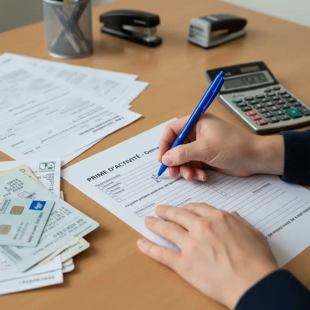 Mains remplissant un formulaire de demande de Prime d'Activité, entourées de documents administratifs et d'une calculatrice.