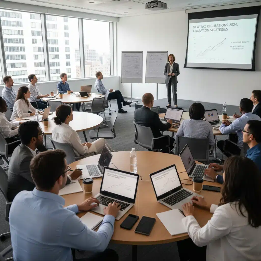 Groupe de personnes assistant à un séminaire de planification financière, apprenant les nouvelles réglementations fiscales.