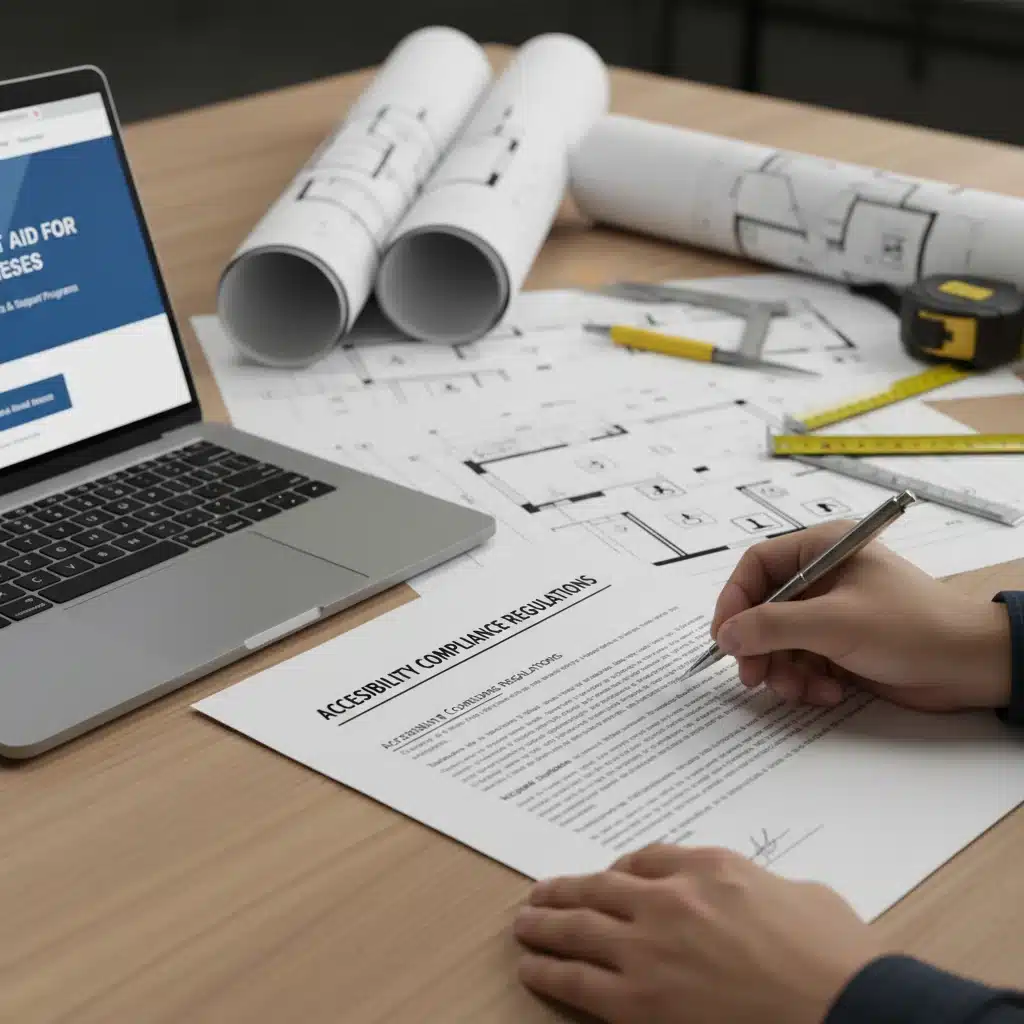 Mains signant un document sur les réglementations d'accessibilité, avec un ordinateur portable affichant des aides gouvernementales pour les entreprises.