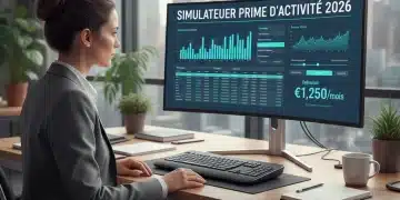 Personne utilisant le simulateur officiel de la Prime d'Activité 2026 sur un ordinateur, avec des graphiques financiers en arrière-plan.