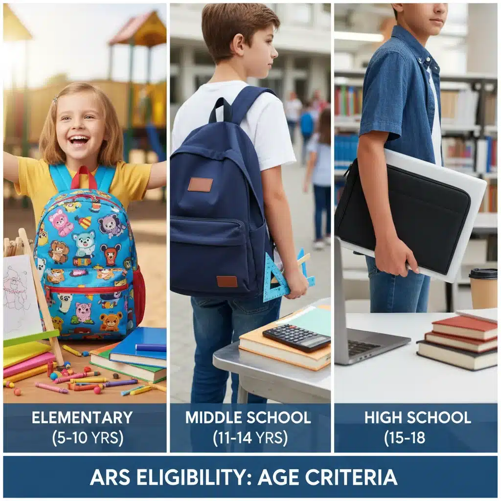 Enfants de différents âges avec leurs fournitures scolaires, illustrant les tranches d'âge ARS