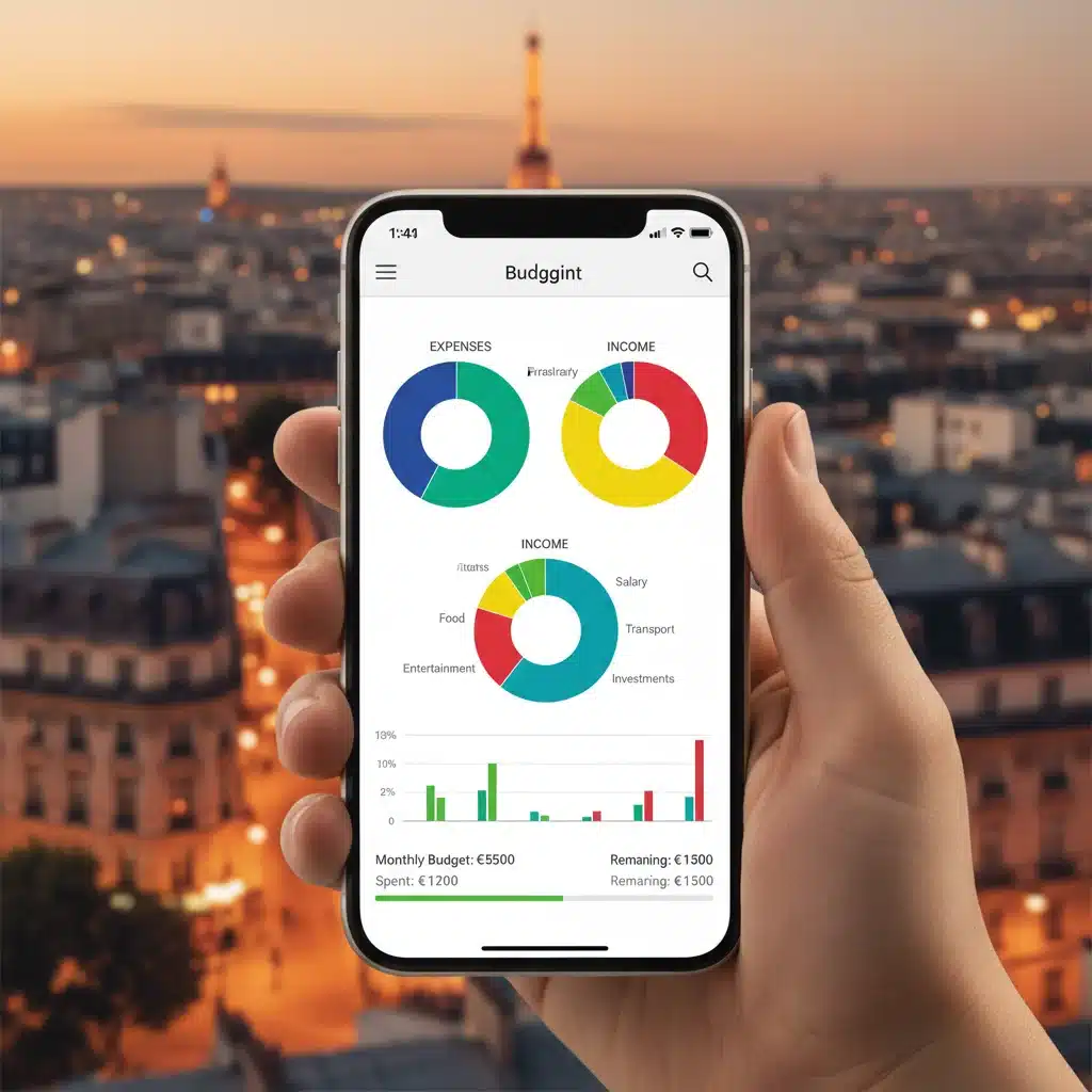 Application de budget sur smartphone avec des graphiques colorés, représentant le suivi des dépenses et des revenus.