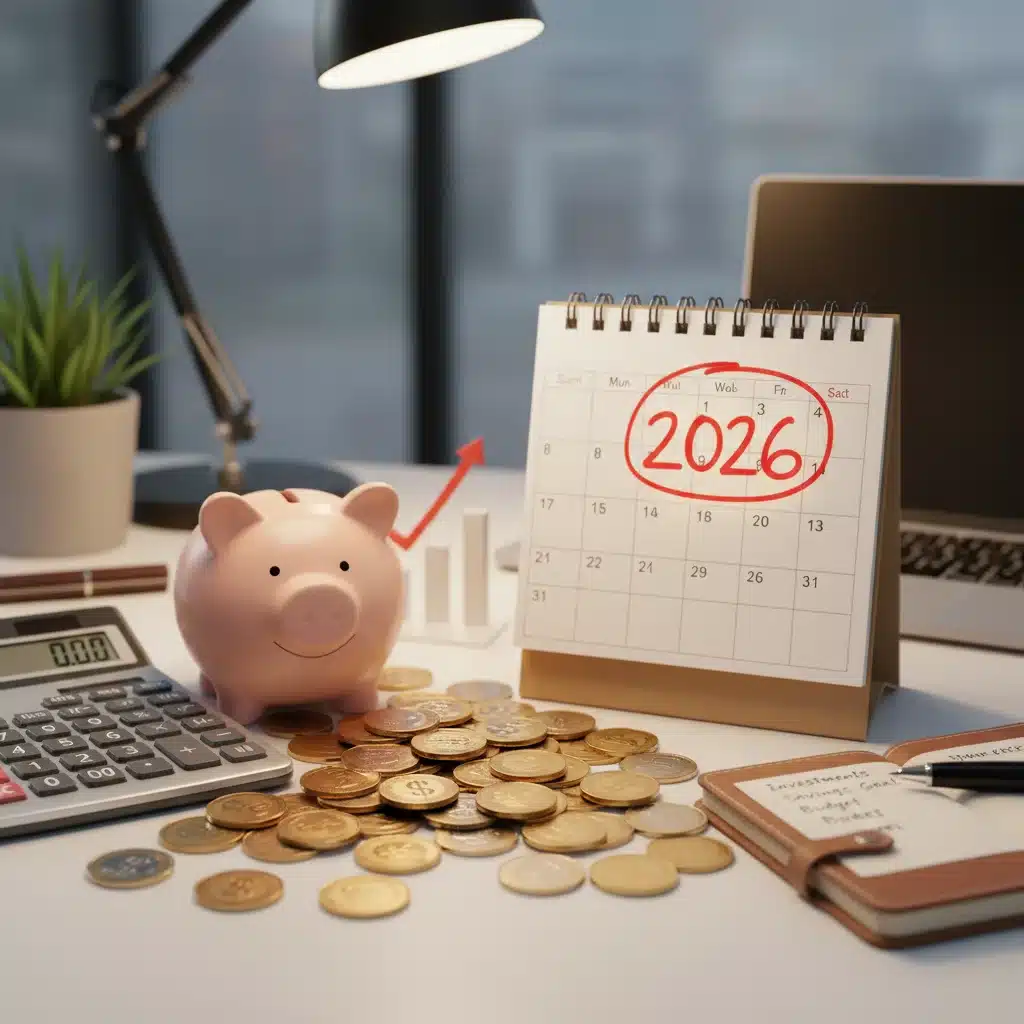 Calendrier 2026 avec symboles financiers, illustrant l'anticipation des changements.