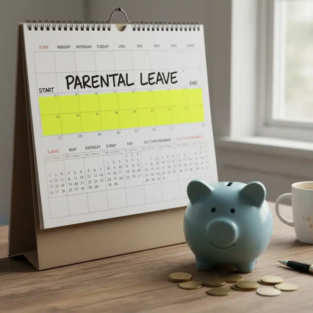 Calendrier avec dates importantes pour le congé parental et éléments financiers.