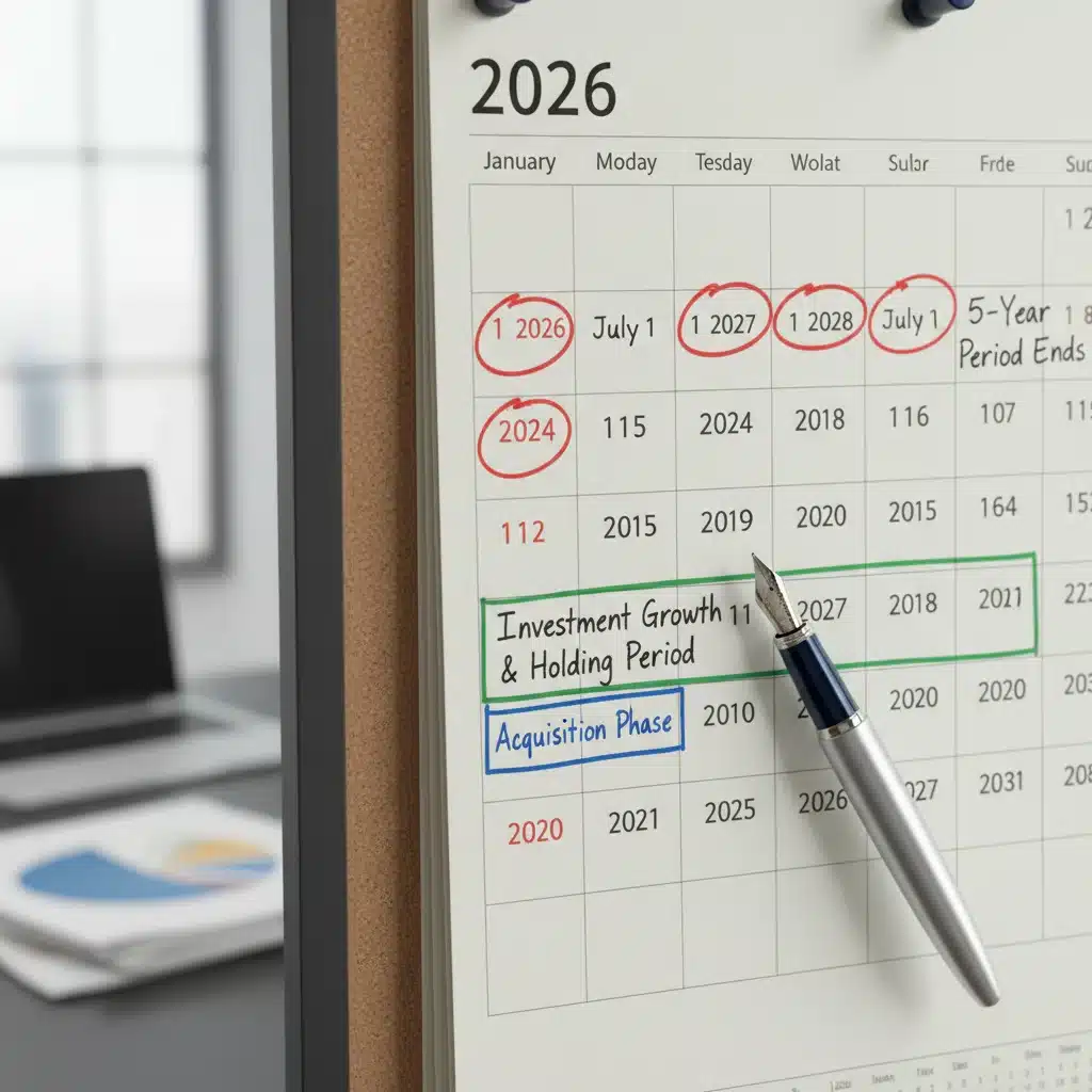 Calendrier 2026 marquant les dates clés pour la détention immobilière et les plus-values