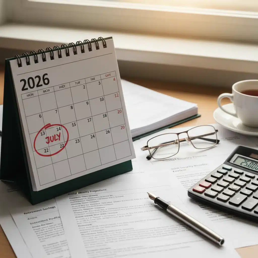 Calendrier 2026 avec documents de planification de retraite, symbolisant l'anticipation des changements.