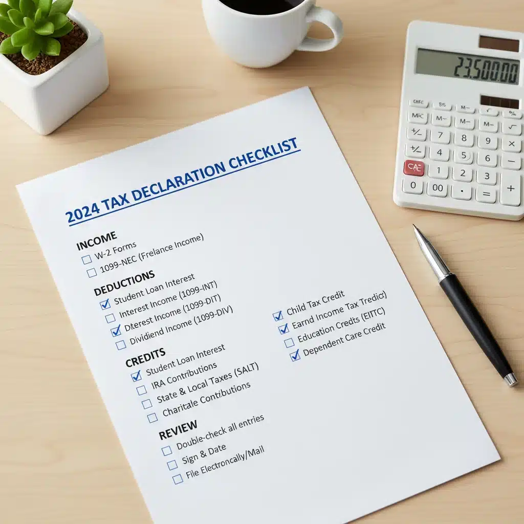 Checklist détaillée pour la déclaration fiscale, stylo et calculatrice sur un bureau propre, symbolisant une préparation organisée des impôts.