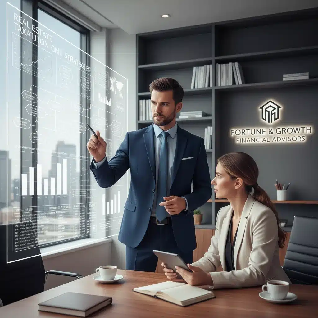 Conseiller financier expliquant les stratégies d'optimisation fiscale immobilière