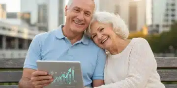 Couple souriant profitant d'une retraite progressive en 2026, avec un sentiment de sérénité financière.