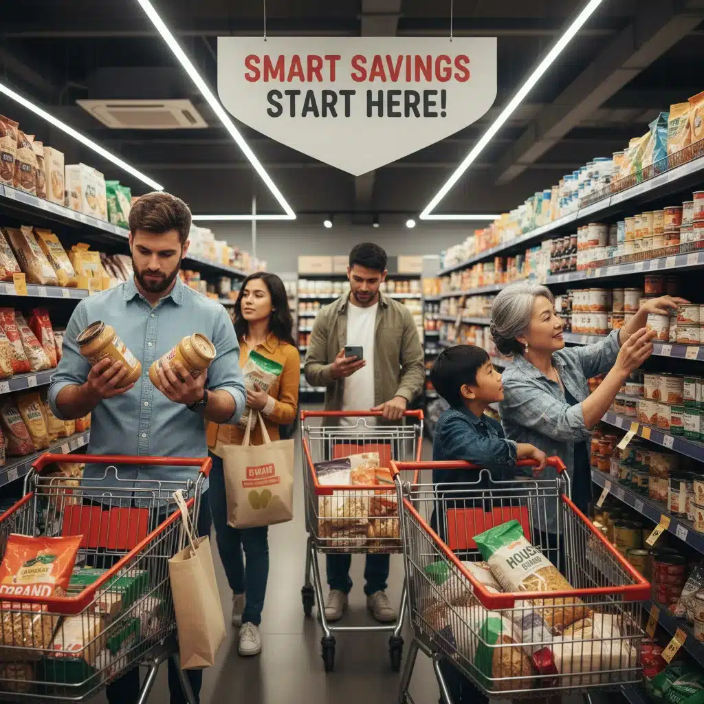 Famille faisant des courses intelligemment pour réduire les dépenses alimentaires.