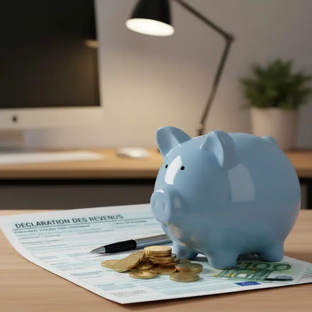 Tirelire avec des pièces en euros à côté d'un formulaire fiscal, symbolisant les économies et l'optimisation financière.