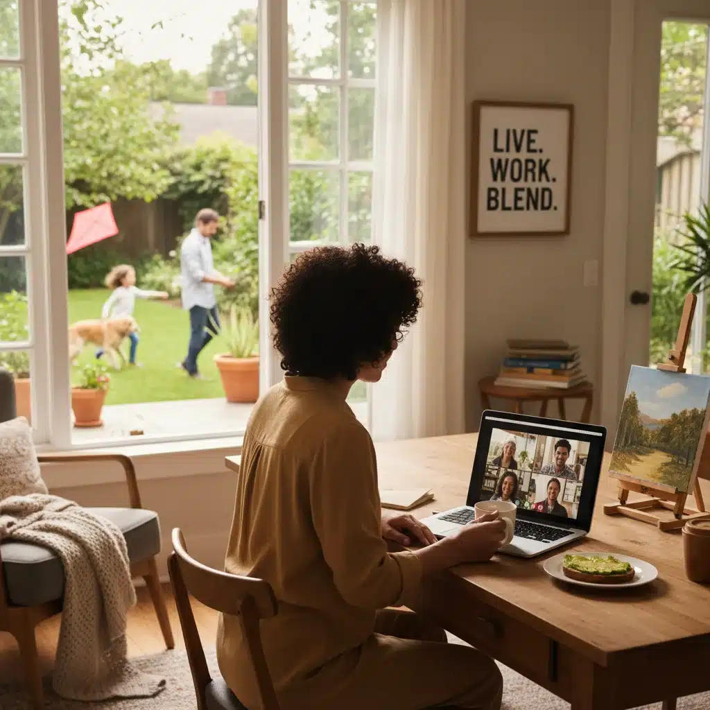Équilibre vie professionnelle et vie personnelle grâce au télétravail, avec une personne travaillant à domicile.