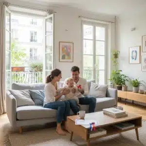 Parents souriants avec leur bébé, symbolisant le congé parental et le bien-être familial en France.