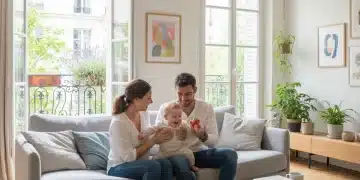 Parents souriants avec leur bébé, symbolisant le congé parental et le bien-être familial en France.