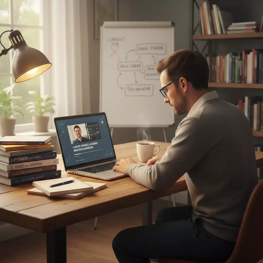 Individu en formation en ligne, acquérant de nouvelles compétences pour sa reconversion professionnelle.