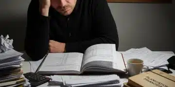 Personne stressée devant des documents financiers et des euros, symbolisant les défis de la gestion budgétaire en France en 2026.