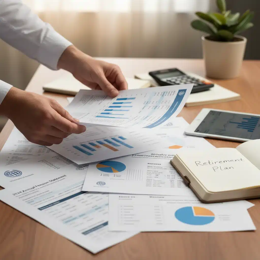 Mains organisant des documents de retraite et des relevés de comptes pour une gestion budgétaire.