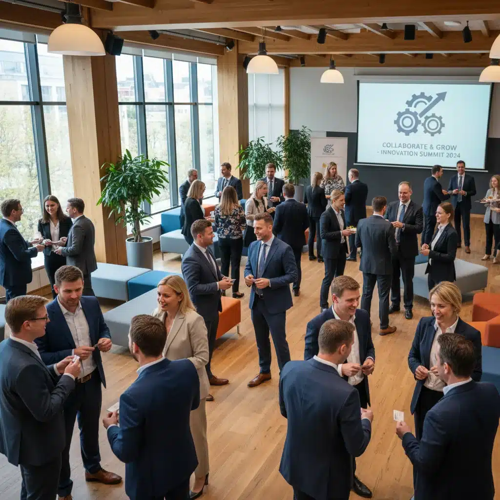 Professionnels en réseau lors d'un événement de carrière, échangeant des contacts pour une reconversion réussie.