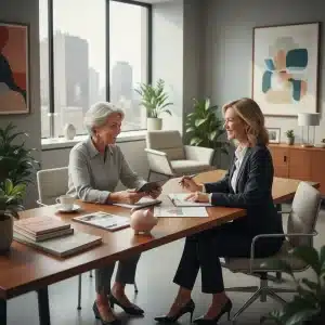 Couple souriant planifiant leur retraite avec un conseiller financier en 2026.