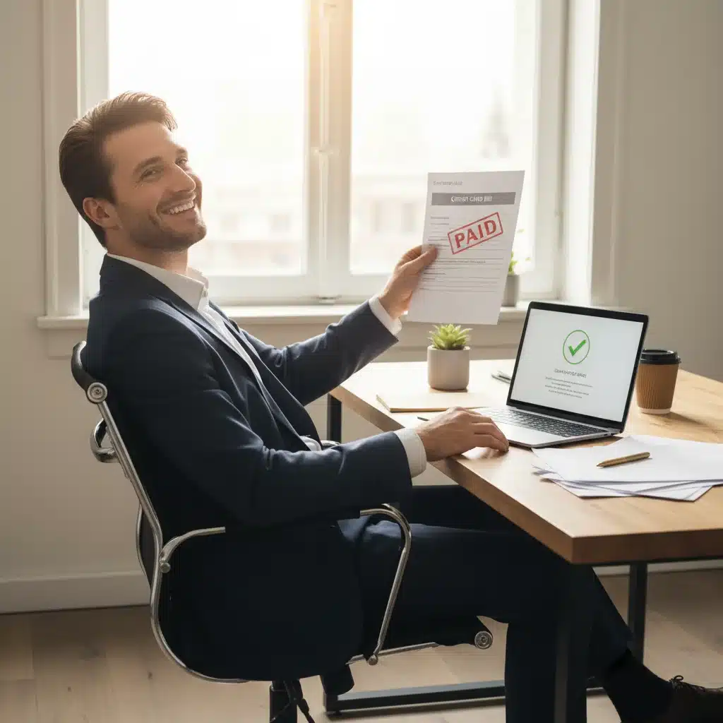 Personne soulagée après avoir remboursé une dette, avec une facture estampillée 'payé' sur son bureau.
