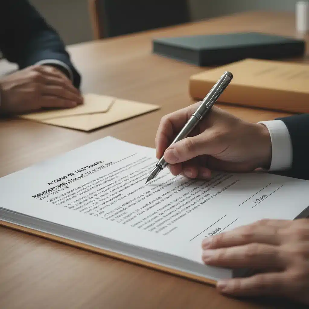 Contrat de télétravail en cours de signature, symbolisant les nouvelles dispositions légales.