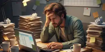 Homme ou femme stressé(e) devant des documents de déclaration fiscale 2026 sur un ordinateur, piles de papiers et calculatrice.