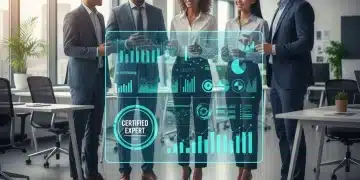 Professionnels collaborant devant un écran holographique affichant des compétences numériques futures et des certifications pour 2026.