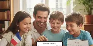 Famille souriante planifiant son budget familial 2026 en France