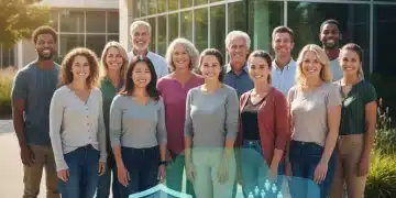 Groupe de personnes souriantes devant un centre de santé, symbolisant l'accès aux soins grâce à la Complémentaire Santé Solidaire 2026.